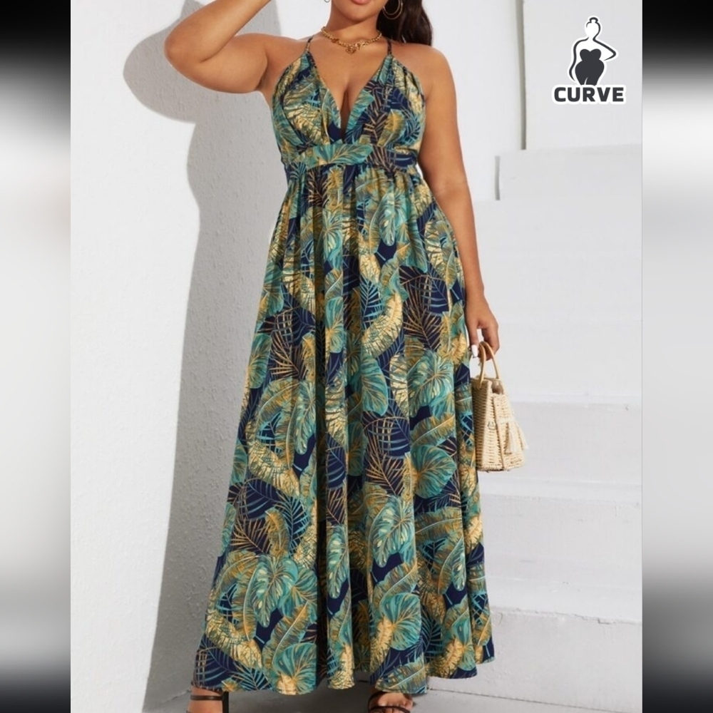 SHEIN Blue and Green Plunge Neck Sleeveless Maxi Sundress Size 1XL - Picture 5 of 15